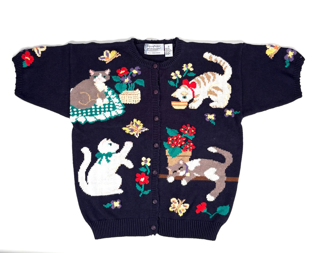 VTG Northern Isles Navy Cat Cardigan Button Up Sz XL Embroidered Kitten Sweater